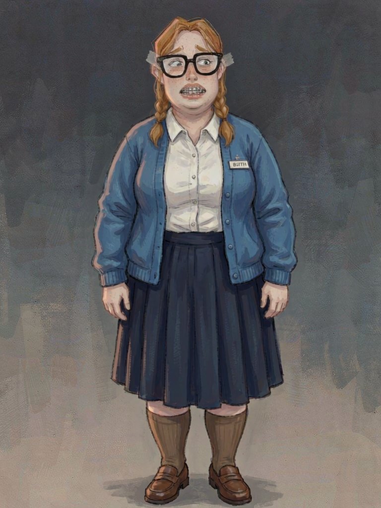 Obese and 18, she stands about five foot 5, her body thick-limbed and soft, echoing the other girls around her. Pale freckled skin dusts her cheeks and nose, blending with fuzzy ginger hair styled into low braided pigtails. Thick, taped glasses frame her wide eyes, which blink with a hint of surprise. Her mouth, adorned with shiny braces, speaks with a heavy lisp. She wears a white button-down shirt tucked into a pleated ankle-length skirt, topped with a blue cardigan featuring a name tag stitched with "EDITH," and brown loafers with knee-high socks.