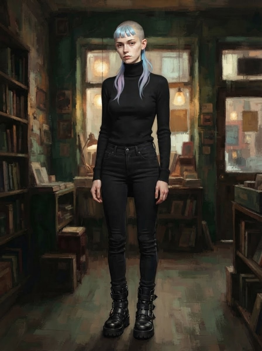 Tall and slender, appearing to be in her early 20s, she has a buzzed skull with pastel blue Bettie bangs framing her face and long pastle blue side pieces cascading past her jawline, culminating in a pastle blue nape tail. Her skin is fair and unadorned, devoid of makeup or jewelry. She wears black skinny jeans that fit snugly, black emo lug boots with buckles, and a black turtleneck that hugs her frame closely, completing her uniformed look as a comrade in the Circle.