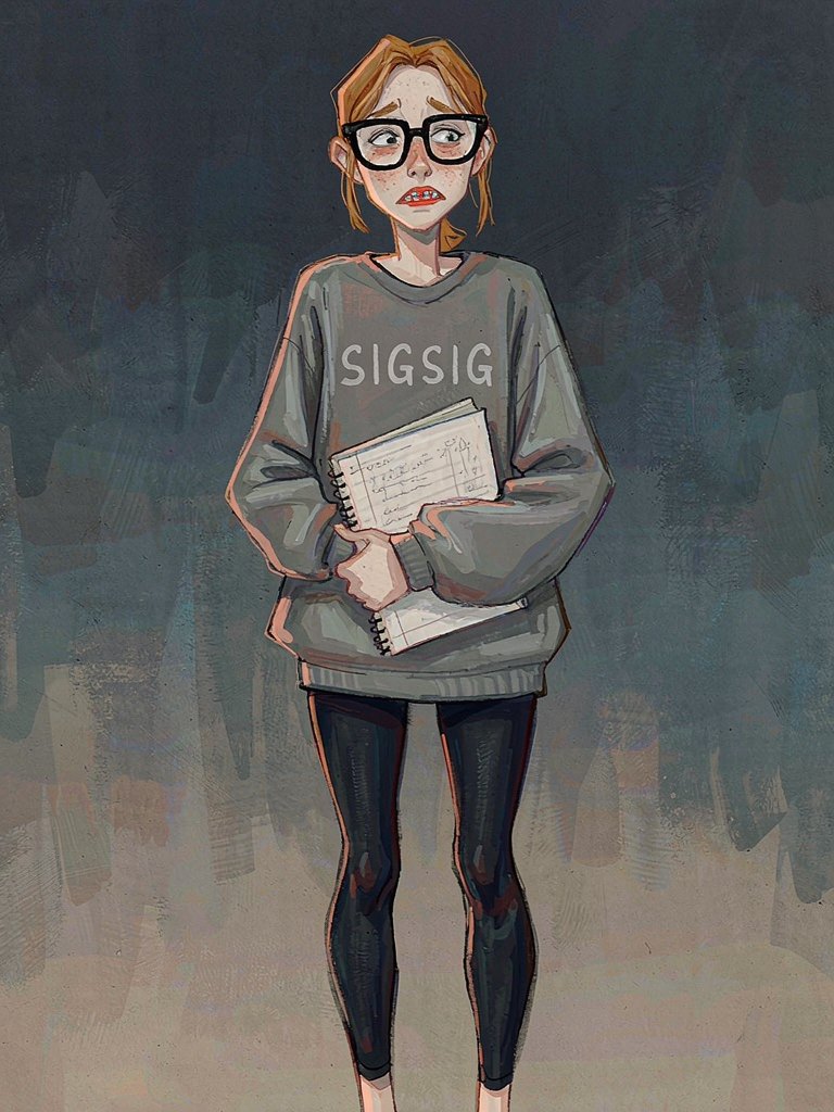 135 pounds and pale, the girl stands at about five foot eight, her body rounded and soft. Freckles dust her cheeks and nose, blending into the recently changed ginger hair. Thick black glasses, taped at one hinge, frame her wide eyes, which blink in confusion. Her mouth, now adorned with braces, carries a heavy lisp that shapes her speech. She wears a gray sorority sweatshirt that hangs loosely over her frame, paired with a simple pair of dark leggings. In her hands, she clutches a math notebook, her small, neat handwriting evident on the pages within.